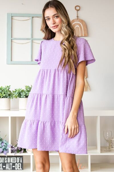 Heimish Full Size Swiss Dot Short Sleeve Tiered Dress |1mrk.com