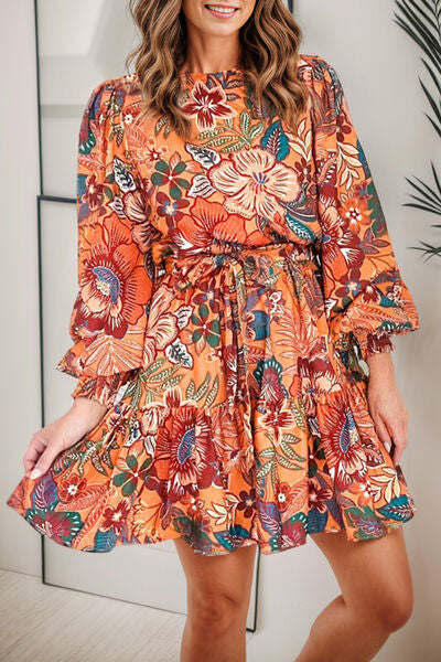 Tropical Print Tie Waist Lantern Sleeve Mini Dress |1mrk.com