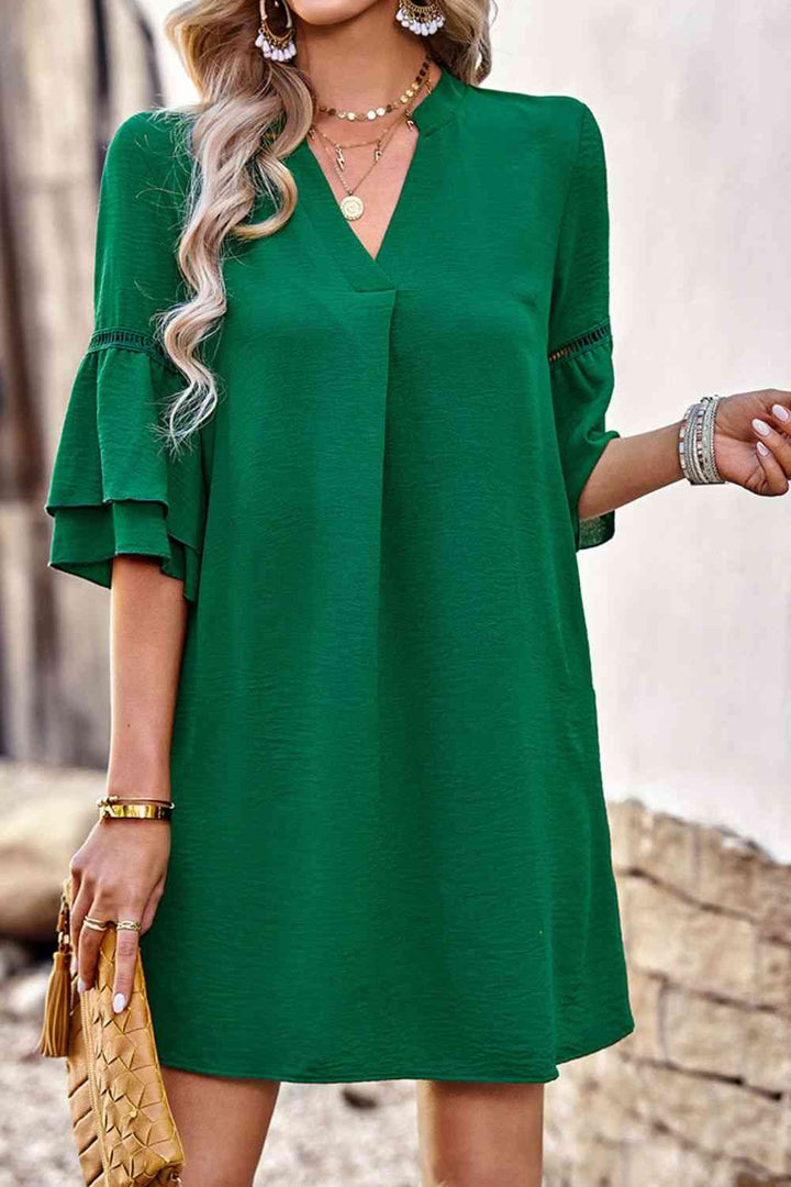 Notched Neck Flare Sleeve Pocket Dress |1mrk.com