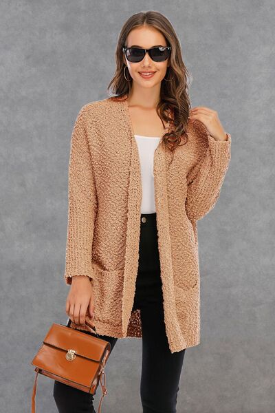 Pocketed Open Front Long Sleeve Cardigan |1mrk.com