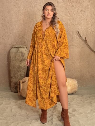 Plus Size Printed Slit Long Sleeve Dress |1mrk.com