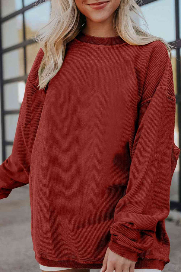 Ribbed Round Neck Drop Shoulder Sweatshirt |1mrk.com