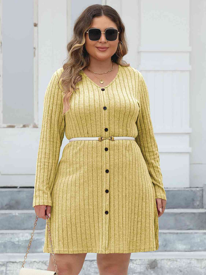 Plus Size Ribbed Buttoned V-Neck Long Sleeve Dress |1mrk.com