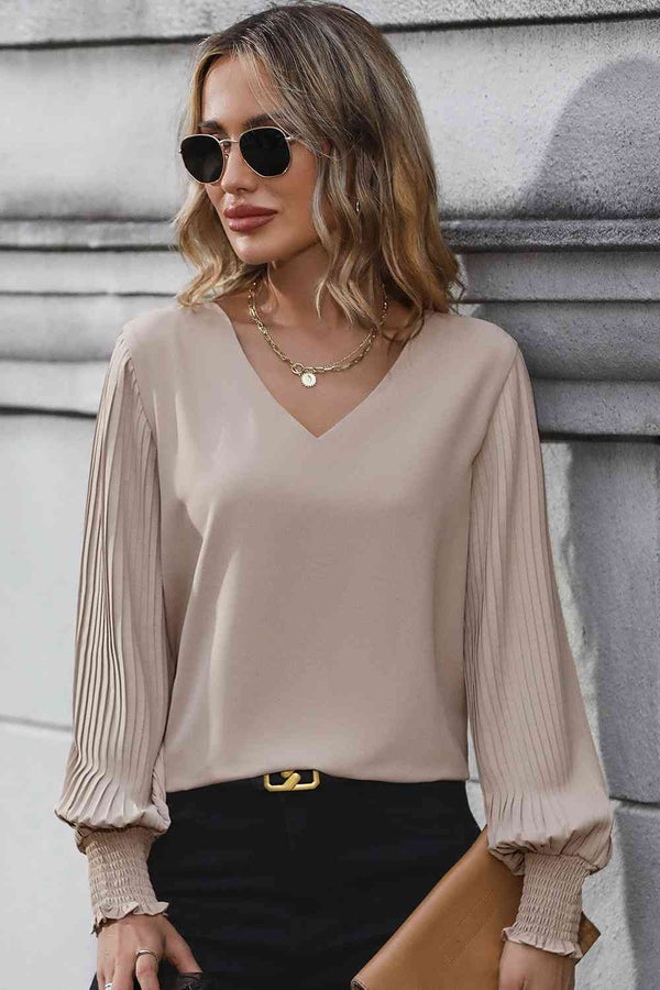 Pleated Lantern Sleeve V-Neck Blouse | 1mrk.com