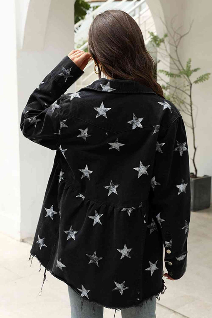 Collared Neck Star Print Long Sleeve Denim Jacket | 1mrk.com