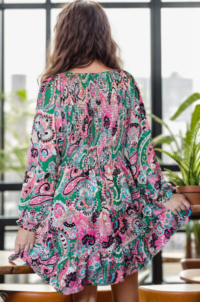 Printed V-Neck Long Sleeve Mini Dress |1mrk.com