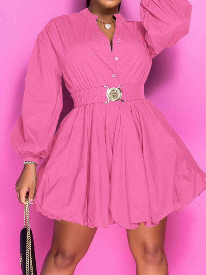 Notched Button Up Balloon Sleeves Dress | 1mrk.com