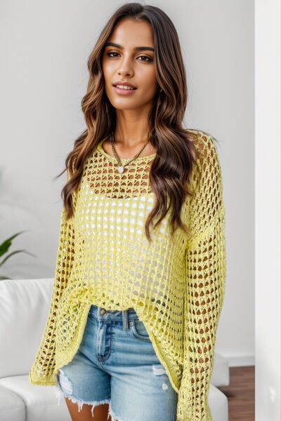 Openwork Round Neck Dropped Shoulder Knit Top |1mrk.com