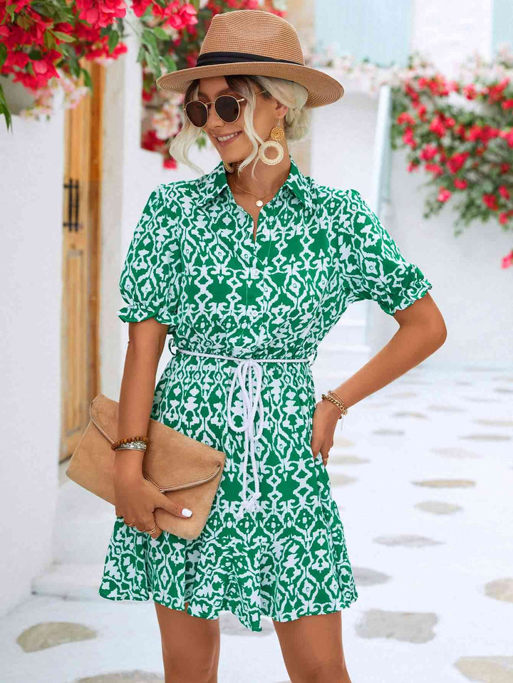 Printed Tie Waist Collared Flounce Sleeve Dress |1mrk.com