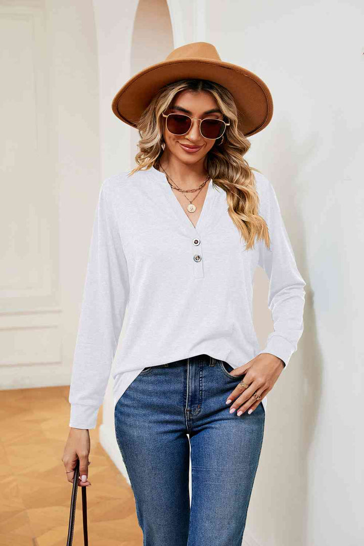 Buttoned Notched Neck Long Sleeve Top | 1mrk.com