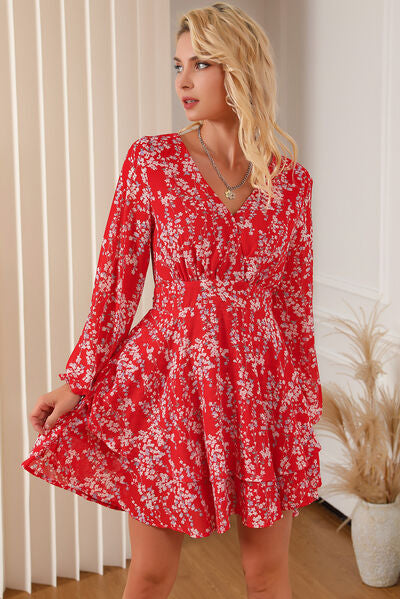 Printed Surplice Balloon Sleeve Layered Dress | Trendsi