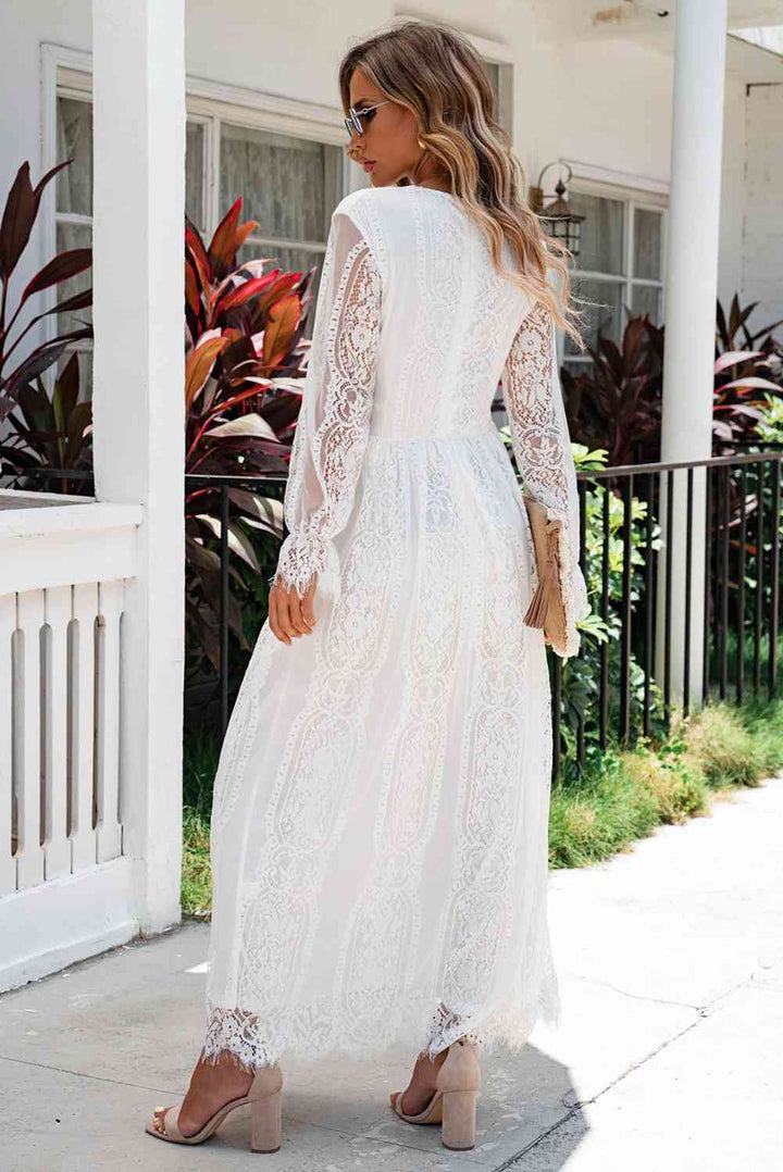 Scalloped Hem Flounce Sleeve Lace V-Neck Maxi Dress |1mrk.com