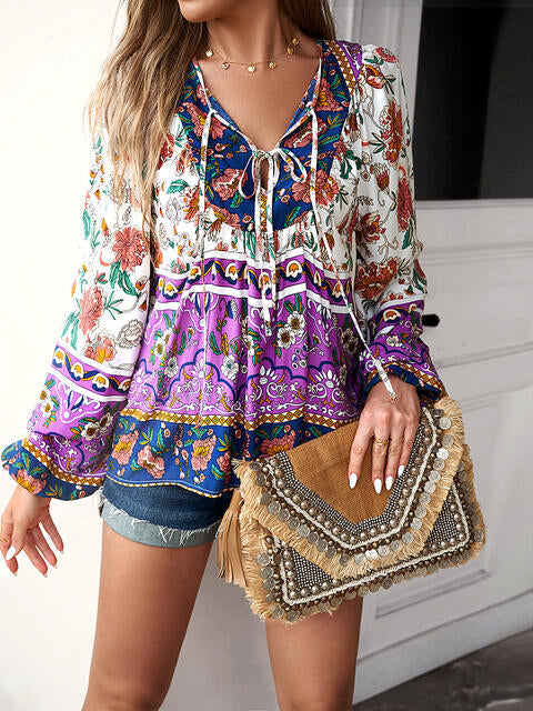 Floral Tie Neck Puff Sleeve Blouse | 1mrk.com