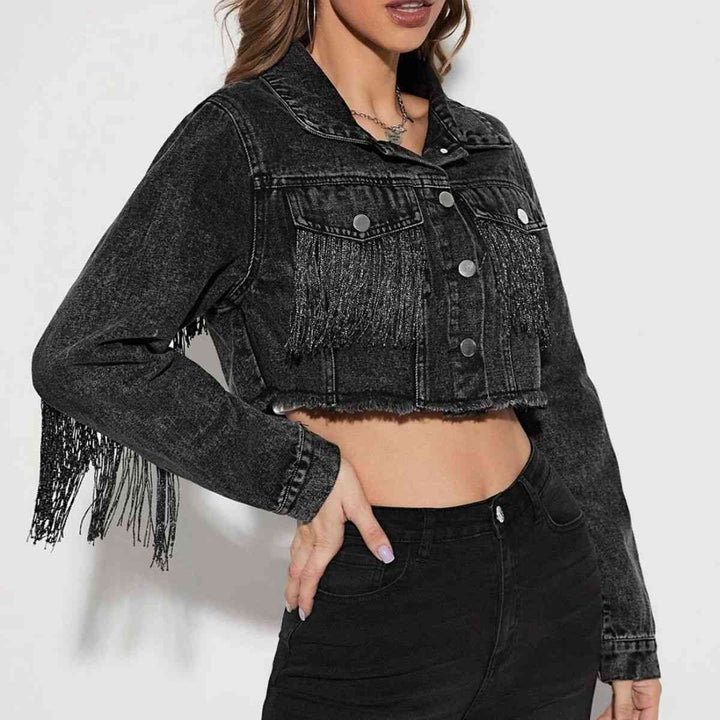 Fringe Detail Long Sleeve Cropped Denim Jacket | 1mrk.com