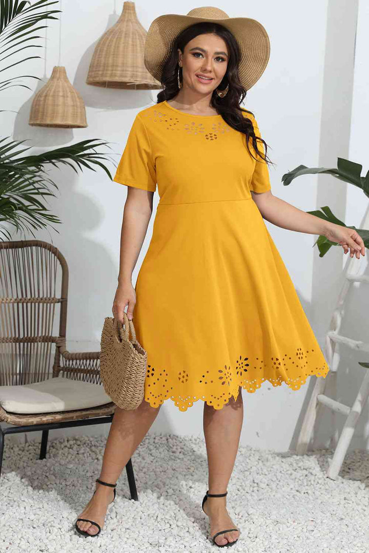 Plus Size Round Neck Openwork Dress |1mrk.com