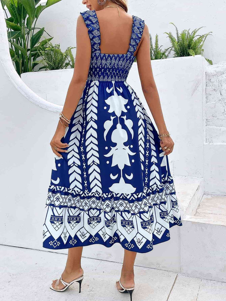 Printed Square Neck Sleeveless Midi Dress |1mrk.com