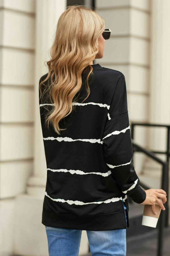 Striped Side Slit Round Neck Sweatshirt |1mrk.com