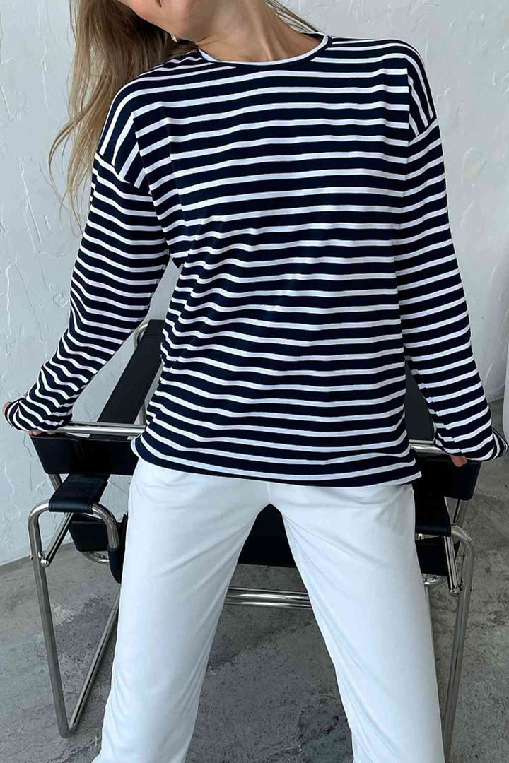 Round Neck Striped Dropped Shoulder T-Shirt | 1mrk.com