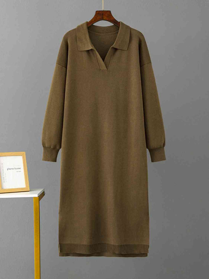 Johnny Collar Long Sleeve Slit Sweater Dress |1mrk.com