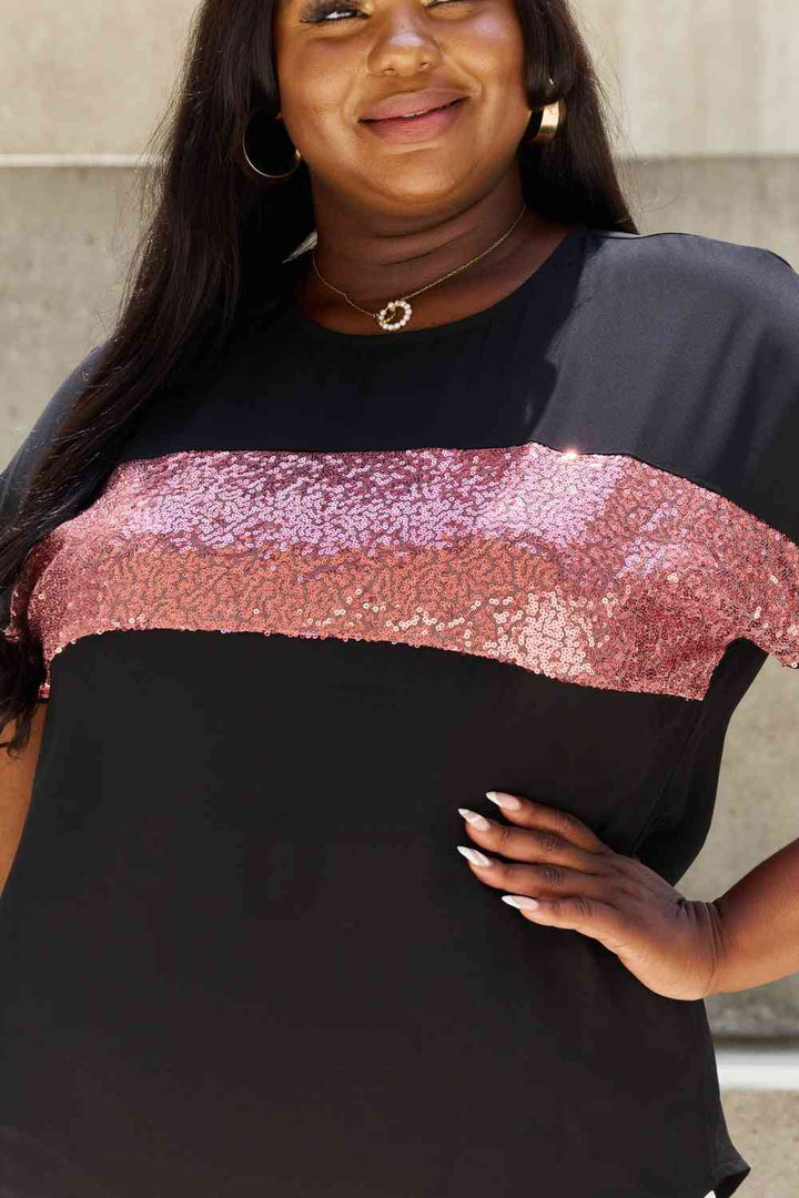 Sew In Love Shine Bright Full Size Center Mesh Sequin Top in Black/Mauve | 1mrk.com