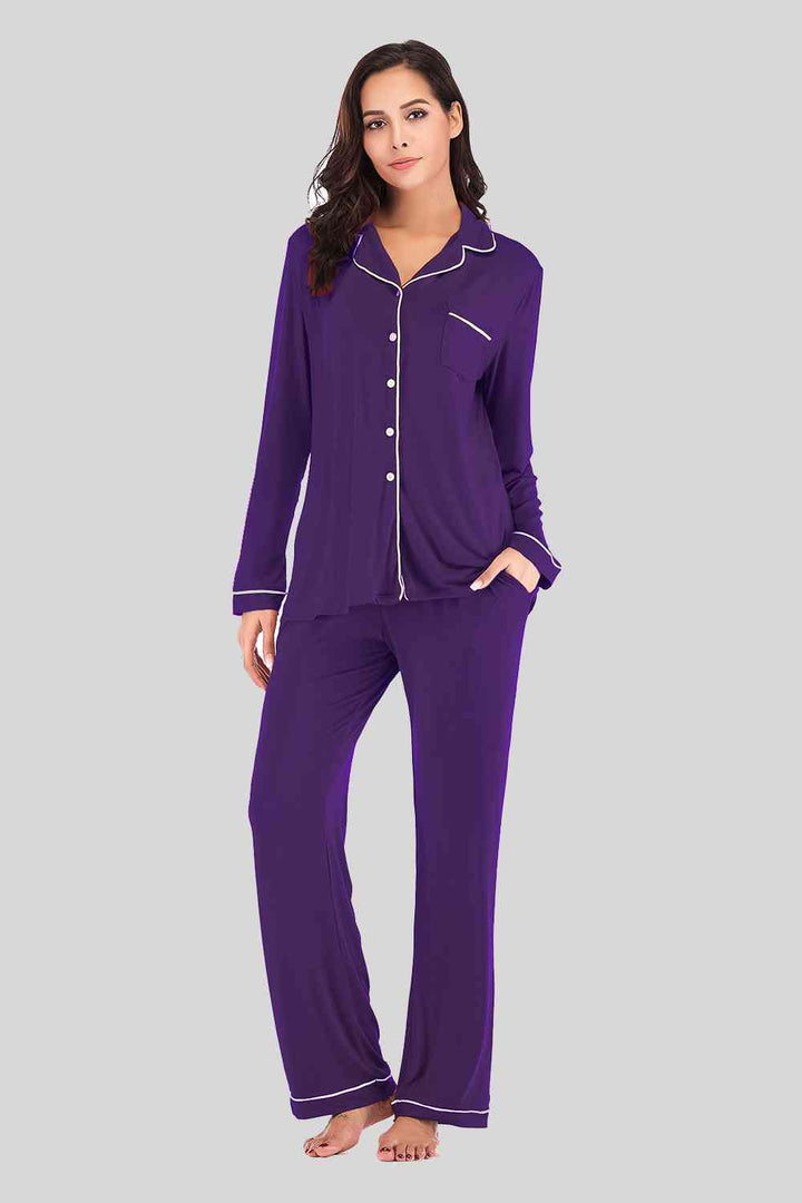 Collared Neck Long Sleeve Loungewear Set with Pockets | 1mrk.com