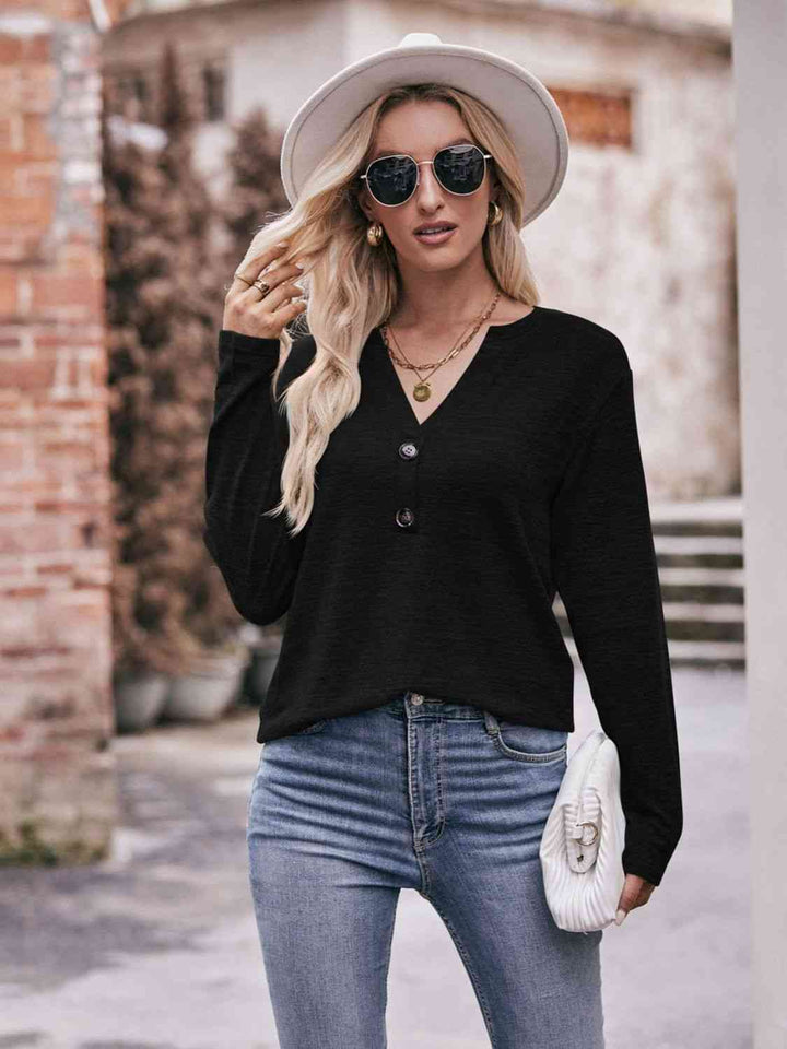 Double Take Buttoned Notched Neck Long Sleeve Top | 1mrk.com