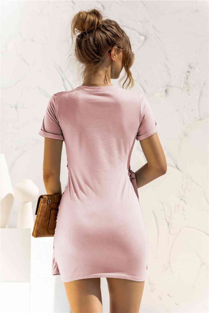 Round Neck Cuffed Sleeve Side Tie Dress |1mrk.com