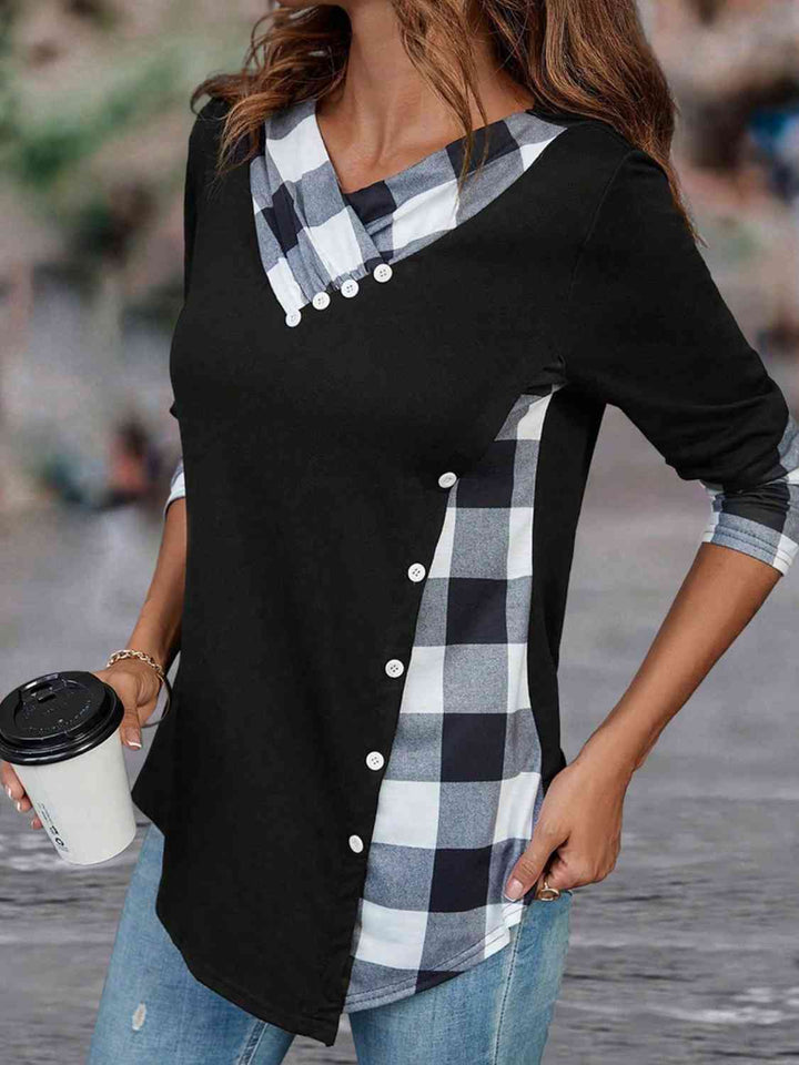 Plaid V-Neck Decorative Button Top | 1mrk.com