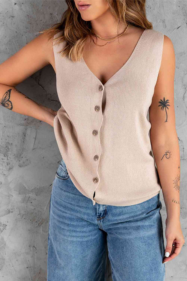 Button Front Ribbed Sleeveless Top | 1mrk.com