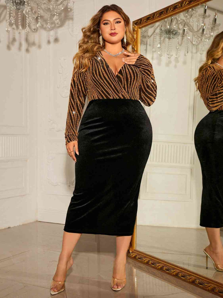 Plus Size Surplice Neck Long Sleeve Slit Dress | 1mrk.com