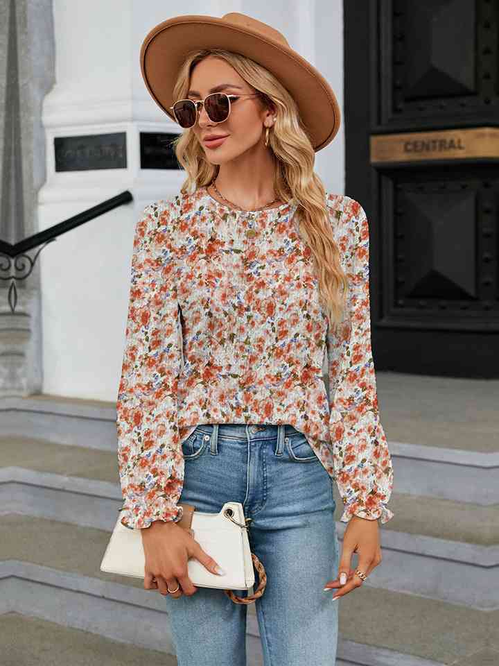 Printed Round Neck Flounce Sleeve Blouse | 1mrk.com