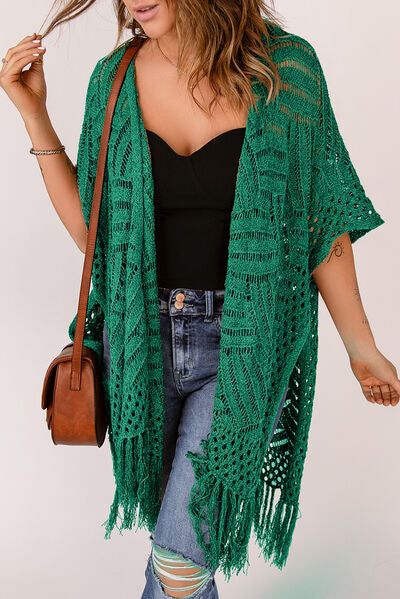 Openwork Open Front Cardigan with Fringes | Trendsi