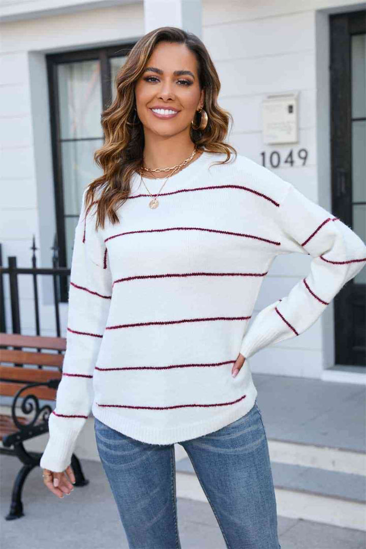 Striped Round Neck Long Sleeve Sweater |1mrk.com