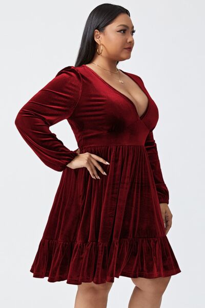 Plus Size Plunge Long Sleeve Mini Dress |1mrk.com