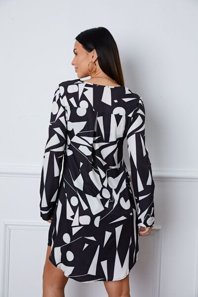 Geometric V-Neck Roll-Tab Sleeve Mini Dress | 1mrk.com