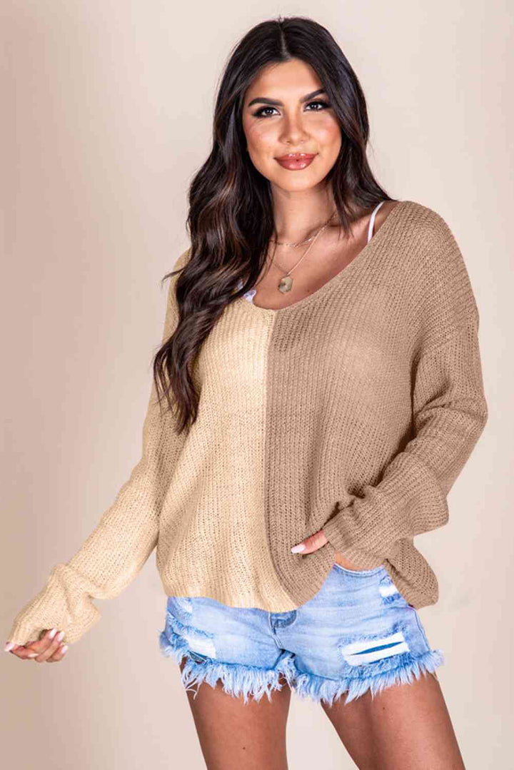 Contrast Color V-Neck Long Sleeve Pullover Sweater |1mrk.com