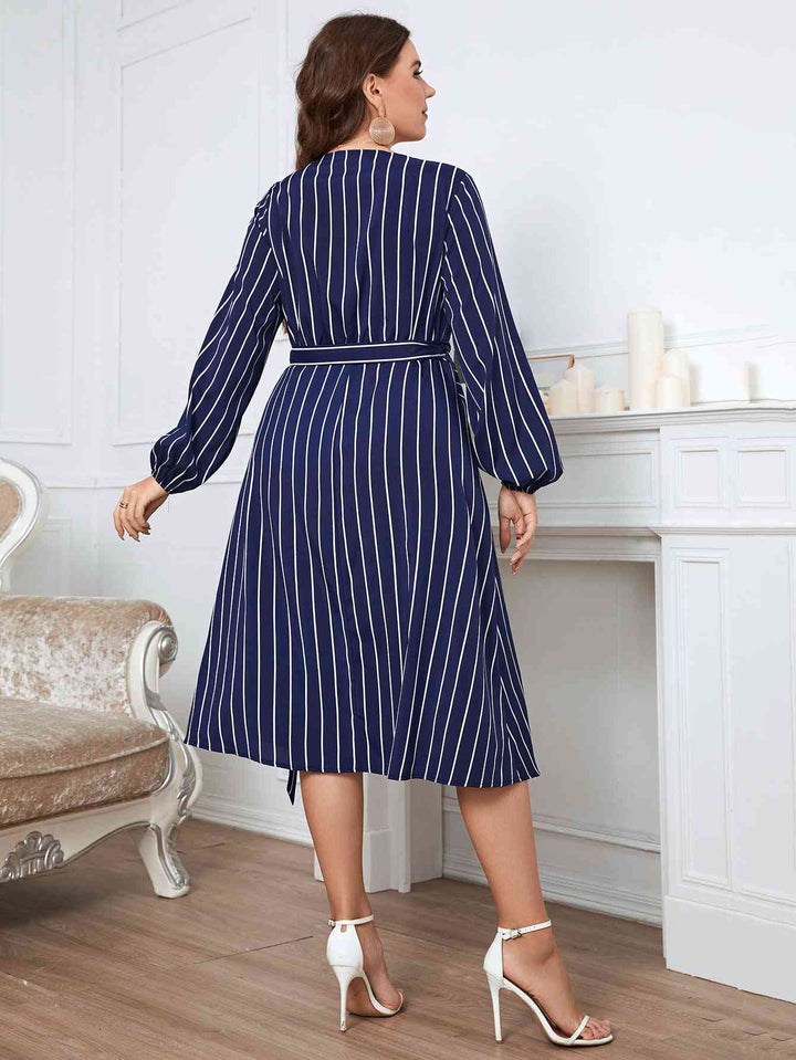 Melo Apparel Plus Size Striped Surplice Neck Long Sleeve Dress |1mrk.com