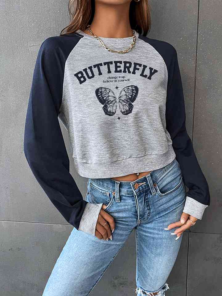 Round Neck Raglan Sleeve Butterfly Graphic Sweatshirt |1mrk.com