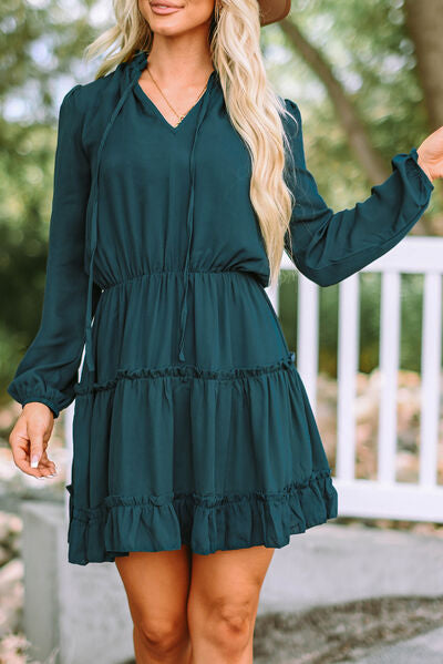 Frill Tie Neck Balloon Sleeve Dress | Trendsi