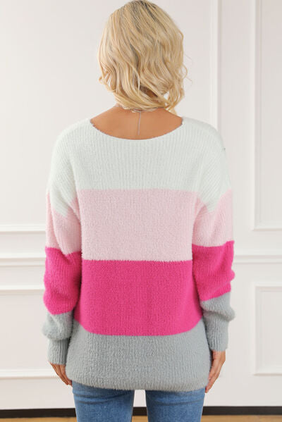 Color Block V-Neck Dropped Shoulder Sweater |1mrk.com