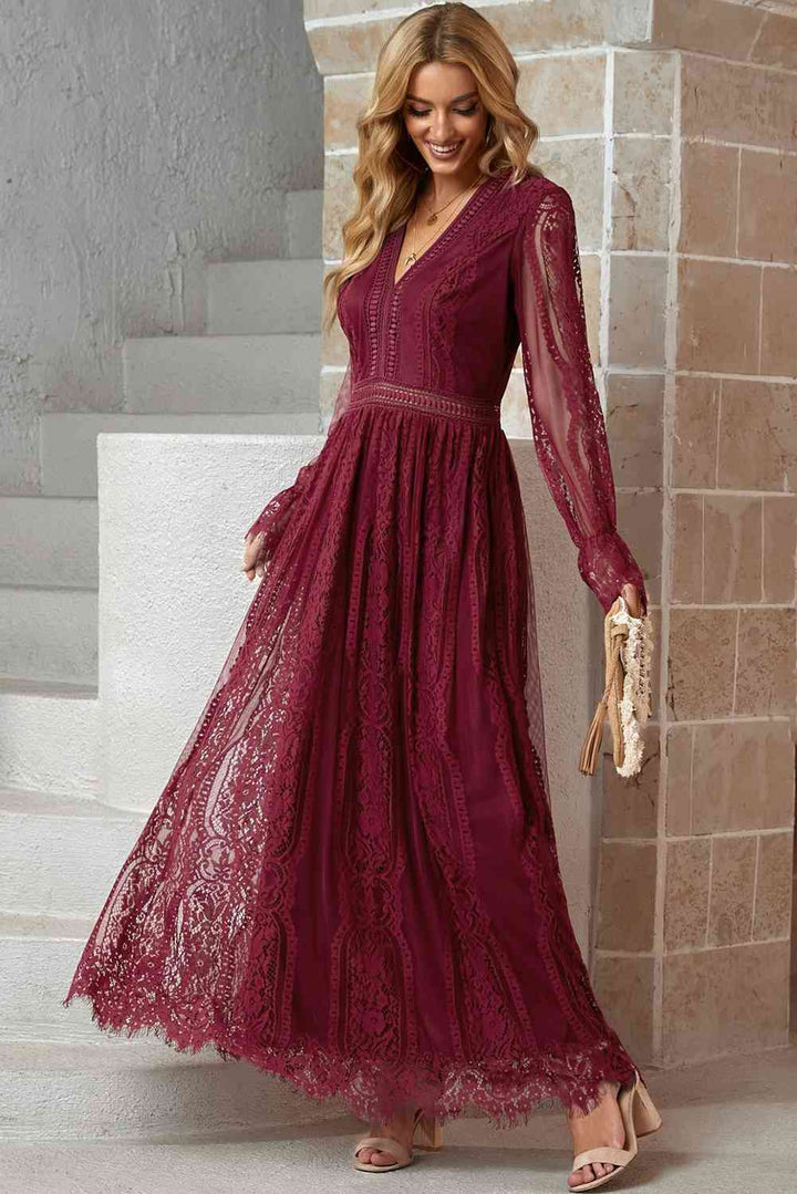 Scalloped Hem Flounce Sleeve Lace V-Neck Maxi Dress |1mrk.com