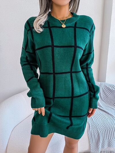 Plaid Round Neck Dropped Shoulder Sweater Dress |1mrk.com