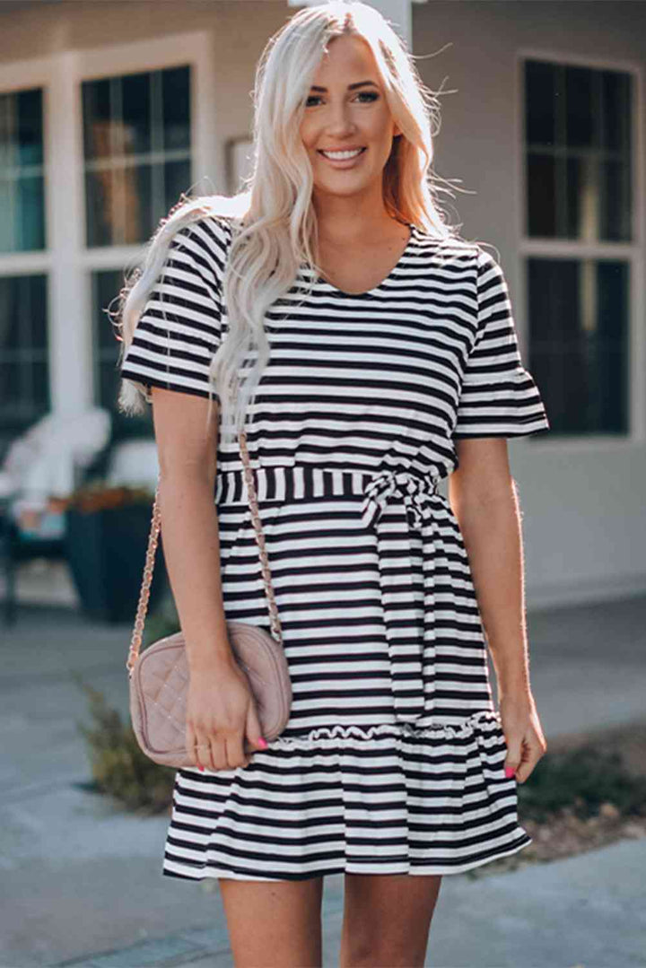 Striped Tie-Waist Frill Trim V-Neck Dress |1mrk.com