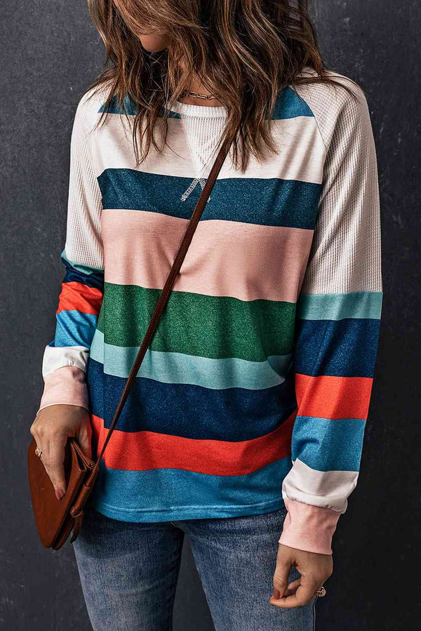 Striped Raglan Sleeve Round Neck Tee | 1mrk.com