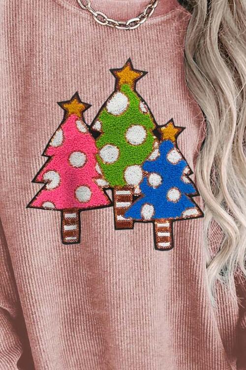 Christmas Tree Round Neck Drop Shoulder Sweatshirt |1mrk.com