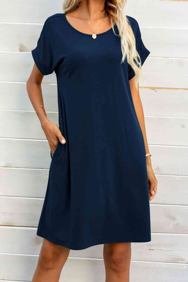 Scoop Neck Short Sleeve Pocket Dress |1mrk.com