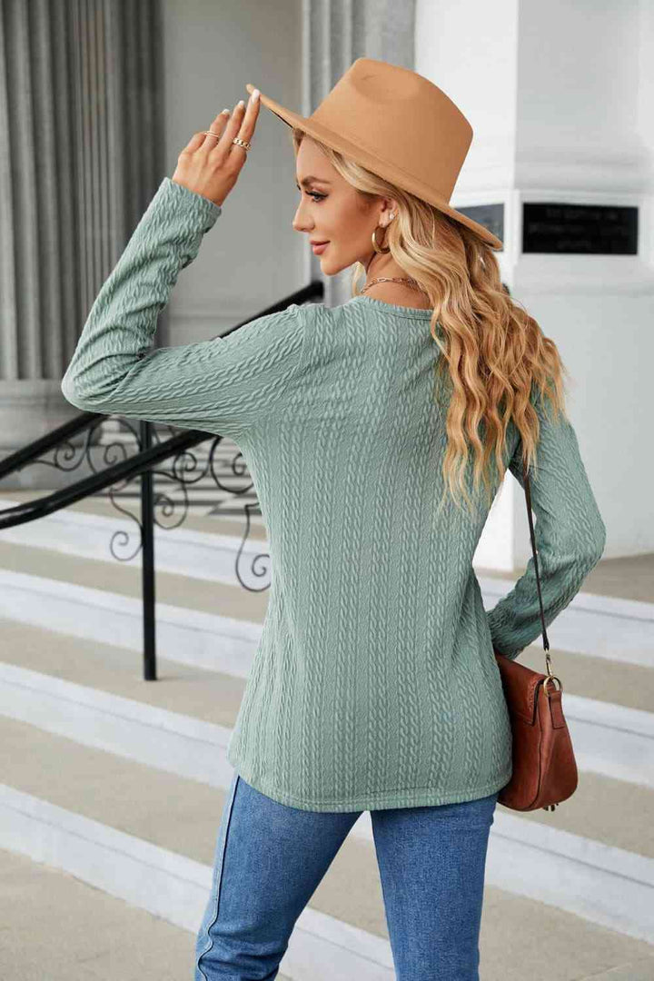 Cable-Knit Long Sleeve V-Neck T-Shirt | 1mrk.com