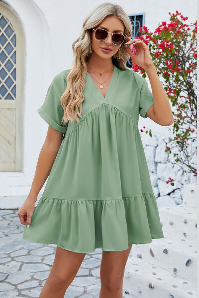 Ruched Tiered V-Neck Short Sleeve Mini Dress | Trendsi