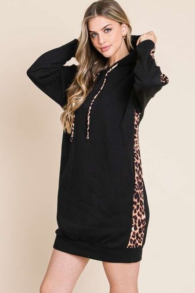 Culture Code Drawstring Leopard Long Sleeve Hooded Dress |1mrk.com