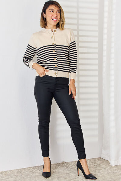 Striped Button Up Long Sleeve Cardigan | Trendsi